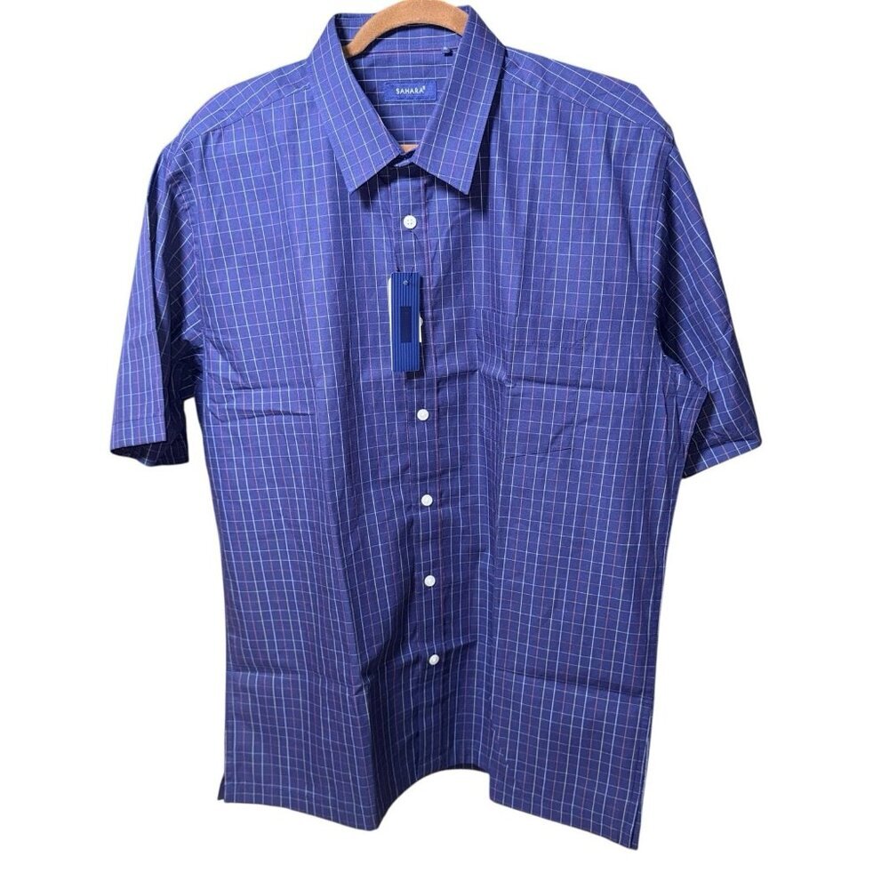 New Men's Sahara Casual Short Sleeve Shirt Navy Blue Checkered Size XL - Picture 3 of 7